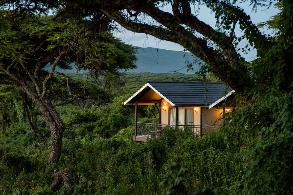 A lamplit suite with a pitched roof and private veranda, set into green bush with the crater highlands behind